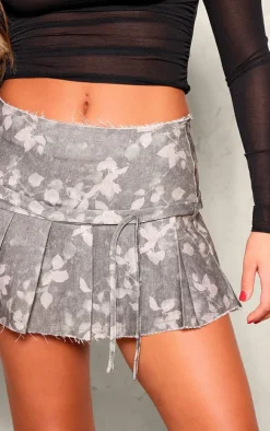 Khaki Printed Twill Pleated Raw Hem Mini Skirt