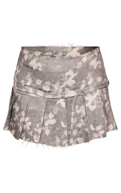 Khaki Printed Twill Pleated Raw Hem Mini Skirt