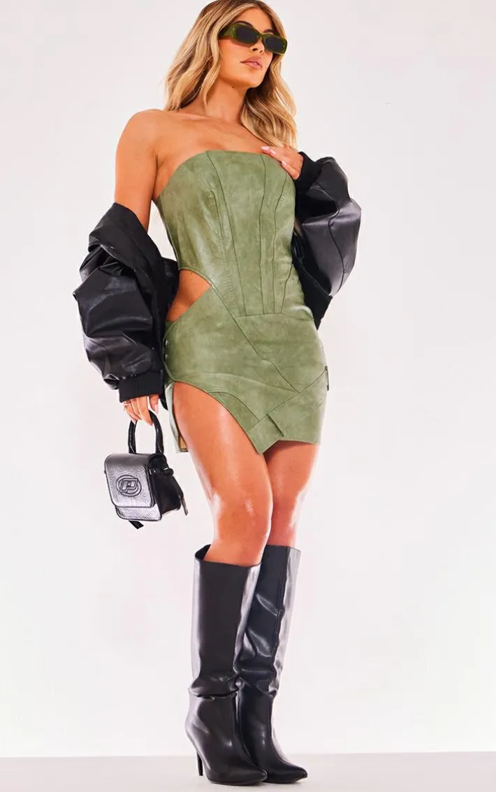 Khaki PU Bandeau Cut Out Binding Detail Bodycon Dress