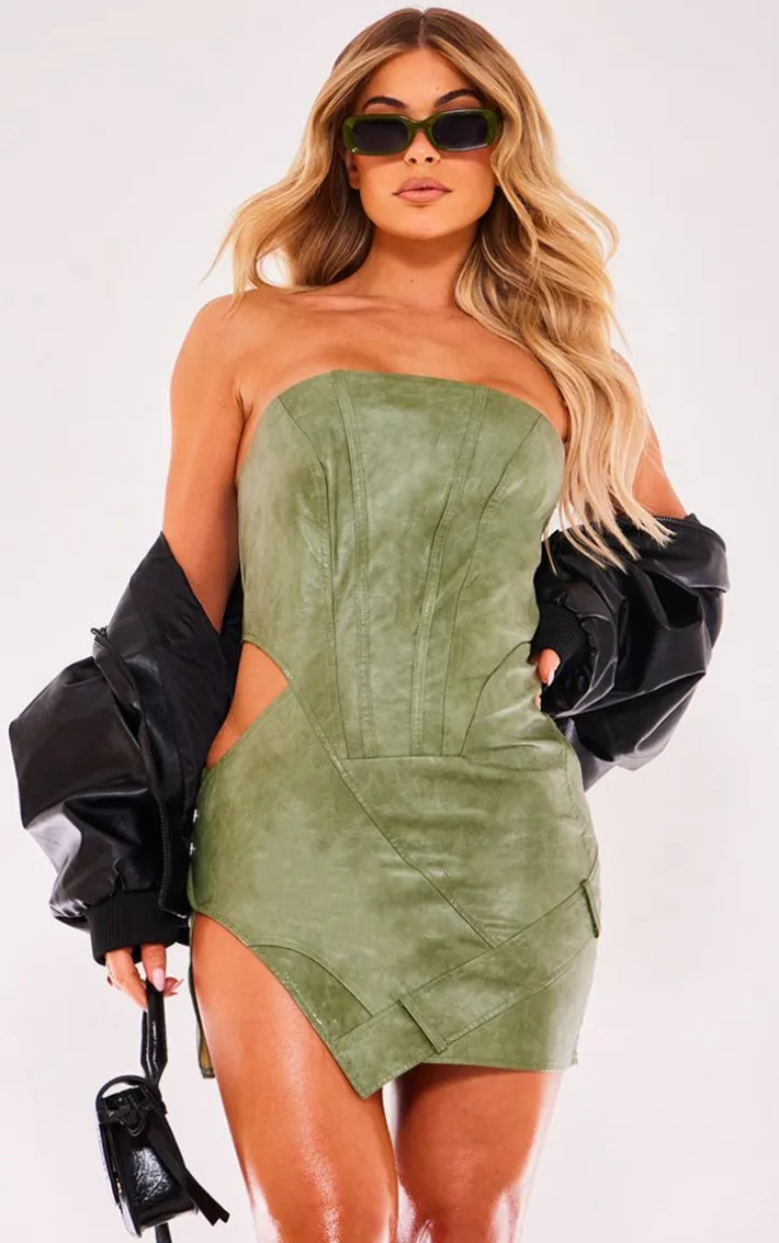 Khaki PU Bandeau Cut Out Binding Detail Bodycon Dress
