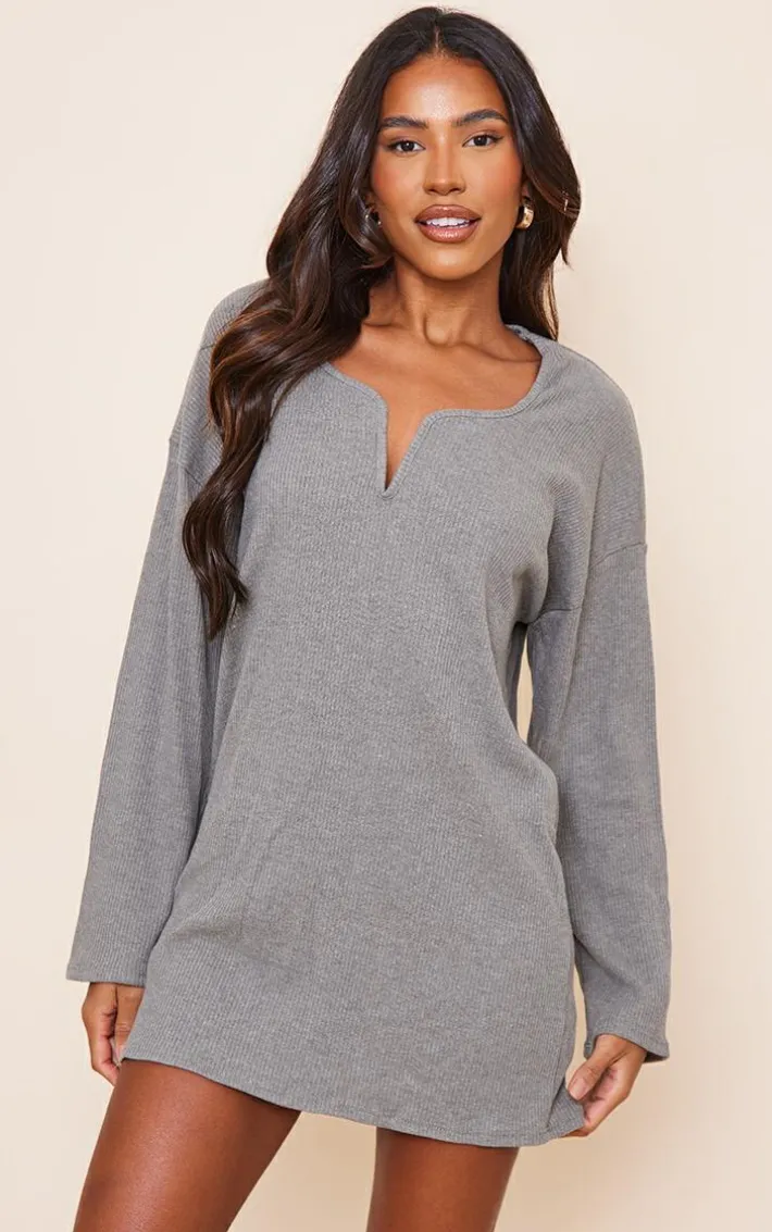 Khaki Rib V Bar Shift Dress