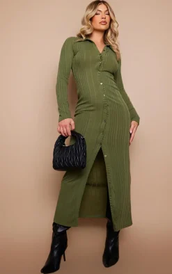 Khaki Ribbed Button Long Sleeve Midaxi Dress