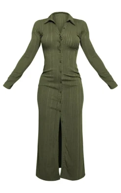 Khaki Ribbed Button Long Sleeve Midaxi Dress