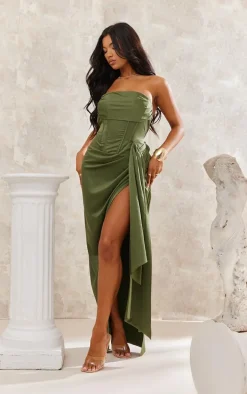 Khaki Satin Draped Bandeau Corset Midaxi Dress