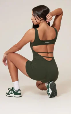 Khaki Sculpt Contrast Stitch Square Neck Unitard