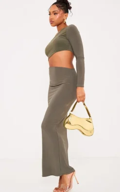 Khaki Slinky One Shoulder Cut Out Midaxi Dress
