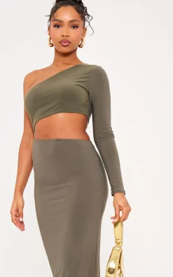 Khaki Slinky One Shoulder Cut Out Midaxi Dress