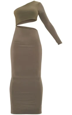 Khaki Slinky One Shoulder Cut Out Midaxi Dress