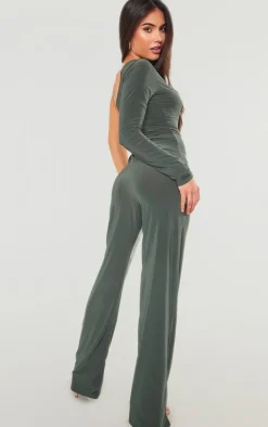Khaki Slinky One Shoulder Flared Jumpsuit