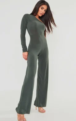 Khaki Slinky One Shoulder Flared Jumpsuit