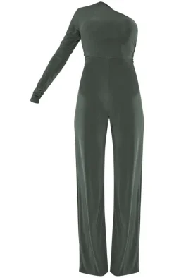 Khaki Slinky One Shoulder Flared Jumpsuit