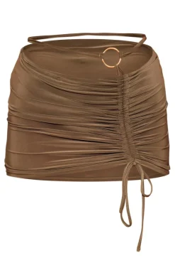 Khaki Slinky Ring Detail Ruched Side Mini Skirt