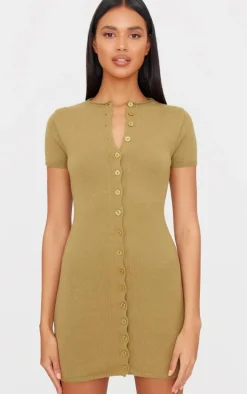 Khaki Soft Knit Button Through Mini Dress