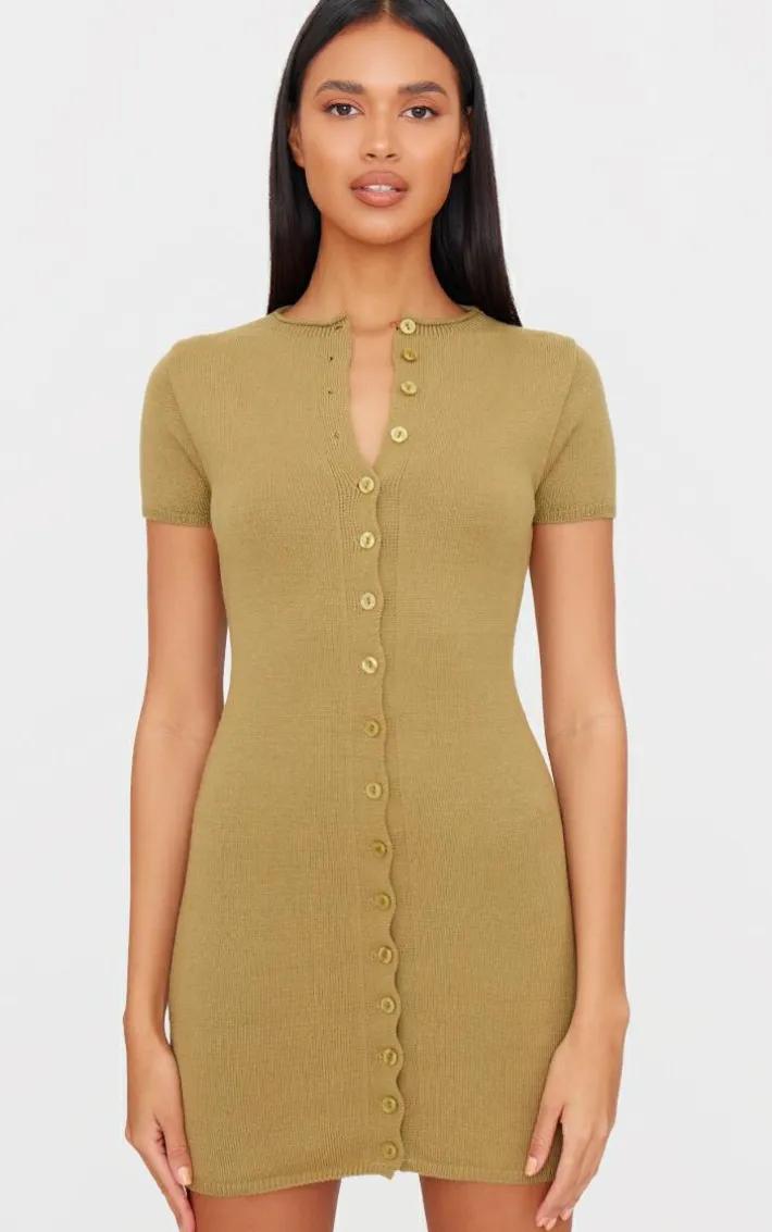 Khaki Soft Knit Button Through Mini Dress