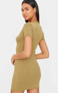 Khaki Soft Knit Button Through Mini Dress