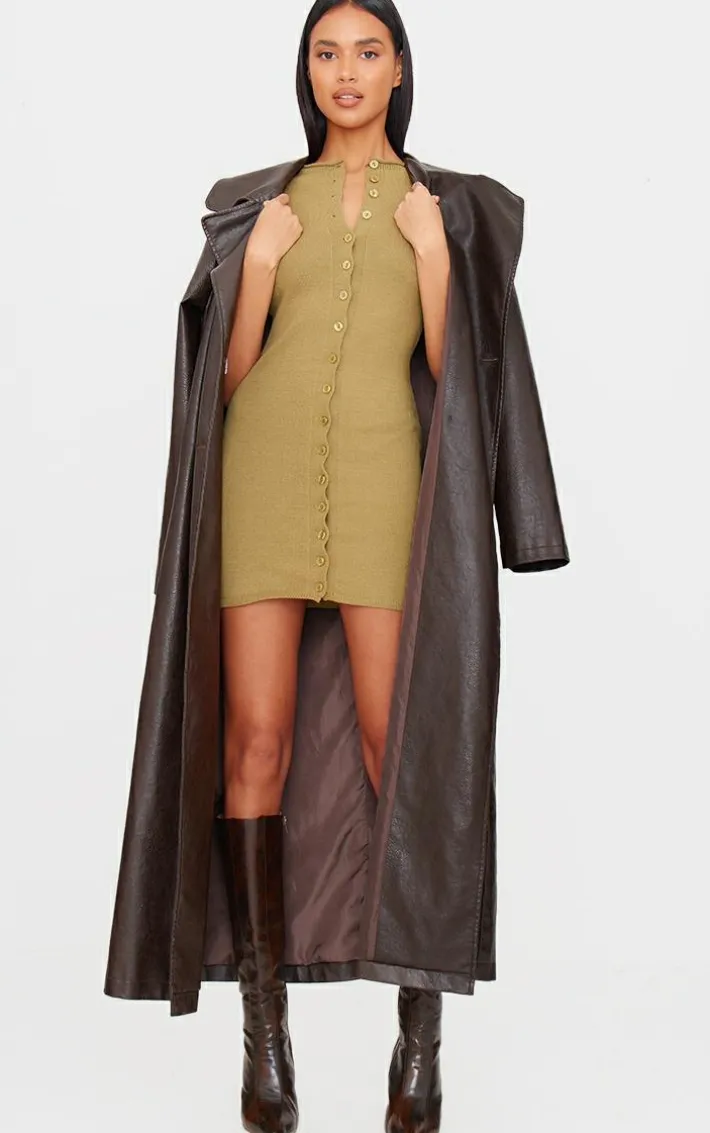 Khaki Soft Knit Button Through Mini Dress