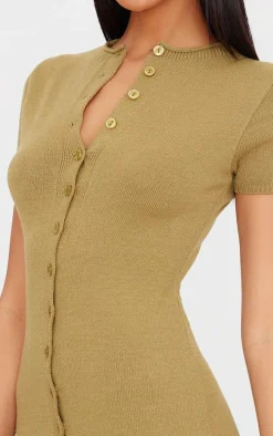 Khaki Soft Knit Button Through Mini Dress