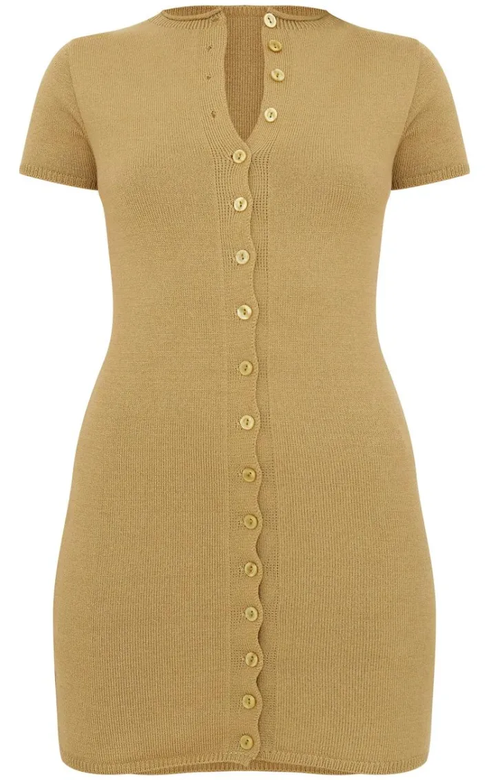 Khaki Soft Knit Button Through Mini Dress