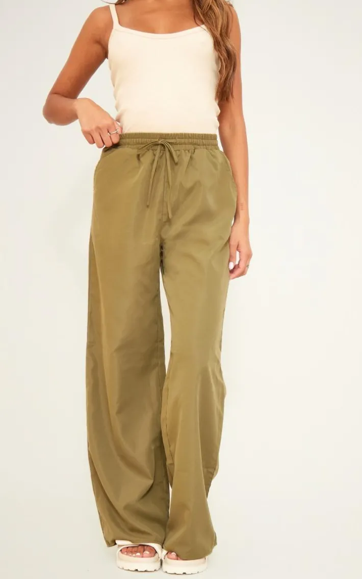 Khaki Soft Tailored Drawstring Waist Wide Leg Pants