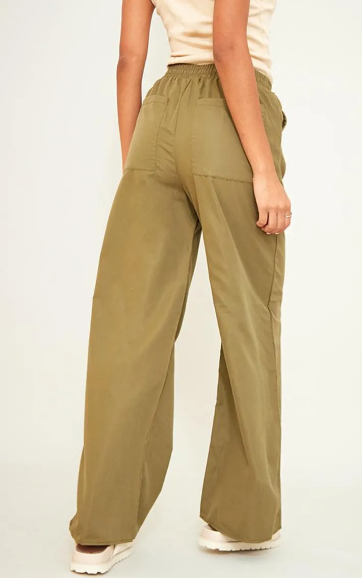 Khaki Soft Tailored Drawstring Waist Wide Leg Pants