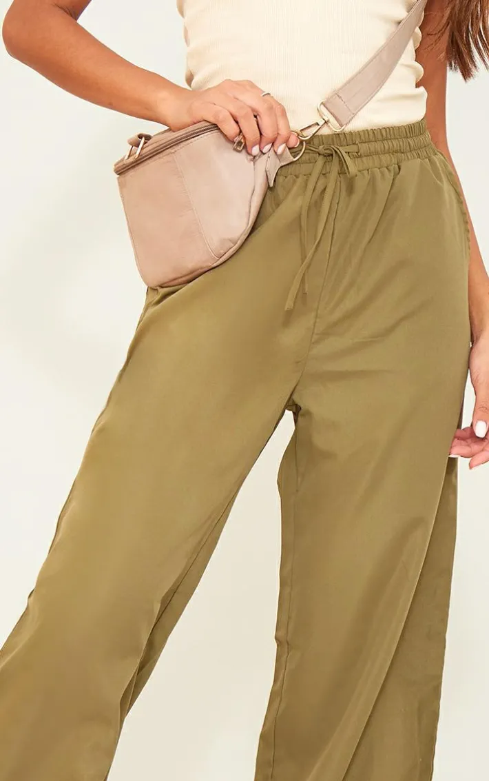 Khaki Soft Tailored Drawstring Waist Wide Leg Pants