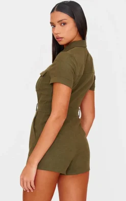 Khaki Soft Tailored Utility Detail Romper