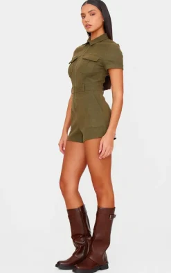 Khaki Soft Tailored Utility Detail Romper