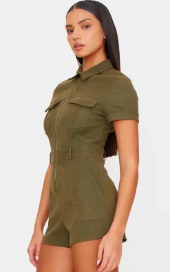Khaki Soft Tailored Utility Detail Romper