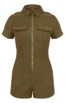 Khaki Soft Tailored Utility Detail Romper