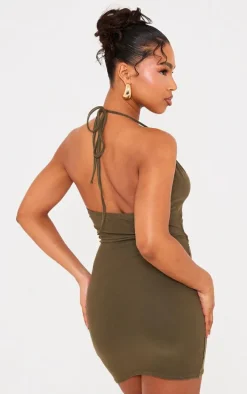 Khaki Soft Touch Halterneck Cut Out Ruched Front Mini Dress