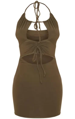 Khaki Soft Touch Halterneck Cut Out Ruched Front Mini Dress