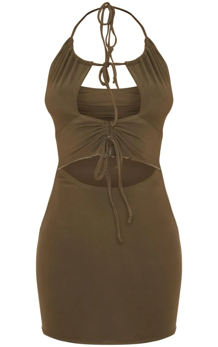Khaki Soft Touch Halterneck Cut Out Ruched Front Mini Dress
