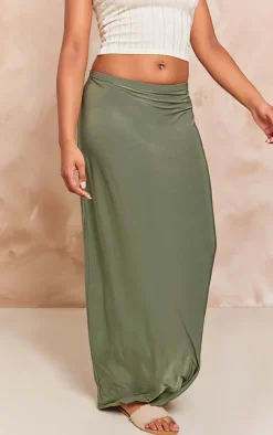 Khaki Soft Touch Low Rise Drapy Maxi Skirt