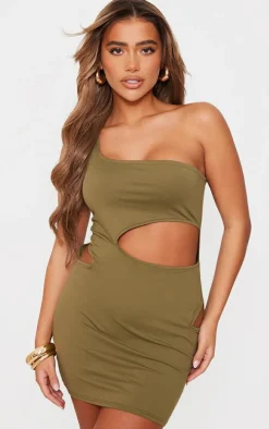 Khaki Soft Touch One Shoulder Cut Out Bodycon Dress