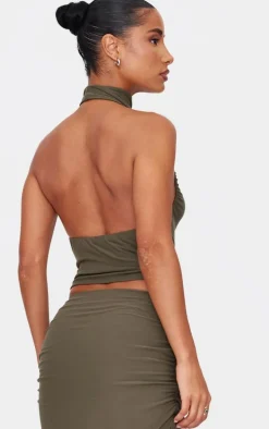 Khaki Soft Touch Ruched Halter Crop Top
