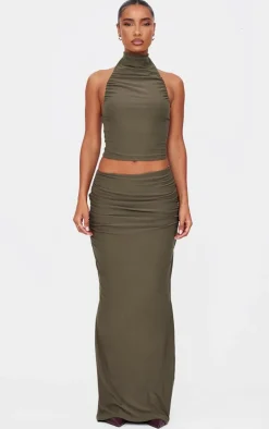 Khaki Soft Touch Ruched Halter Crop Top