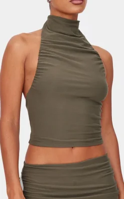 Khaki Soft Touch Ruched Halter Crop Top