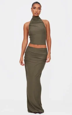 Khaki Soft Touch Ruched Maxi Skirt