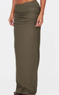 Khaki Soft Touch Ruched Maxi Skirt