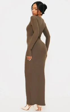 Khaki Soft Touch Scoop Neck Long Sleeve Midaxi Dress