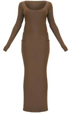 Khaki Soft Touch Scoop Neck Long Sleeve Midaxi Dress