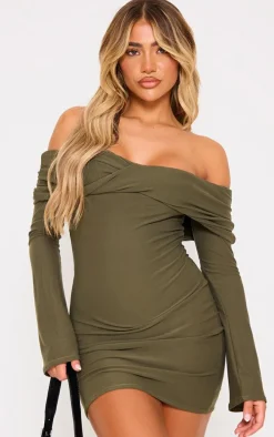 Khaki Soft Touch Twist Bardot Bodycon Dress