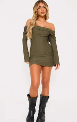 Khaki Soft Touch Twist Bardot Bodycon Dress