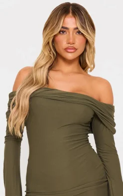 Khaki Soft Touch Twist Bardot Bodycon Dress