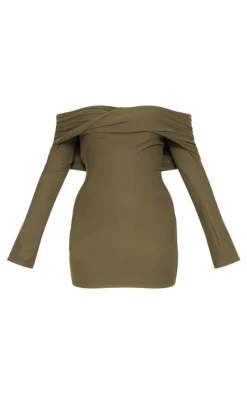 Khaki Soft Touch Twist Bardot Bodycon Dress