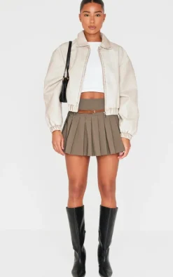 Khaki Stretch Woven Belt Detail Pleated Mini Skirt