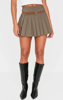 Khaki Stretch Woven Belt Detail Pleated Mini Skirt