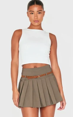 Khaki Stretch Woven Belt Detail Pleated Mini Skirt