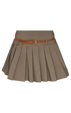 Khaki Stretch Woven Belt Detail Pleated Mini Skirt