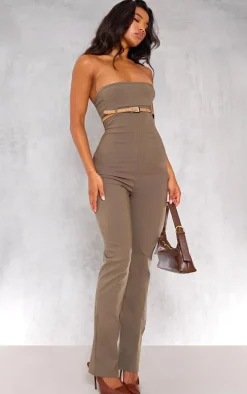 Khaki Stretch Woven Belted Bandeau Jumpsuit